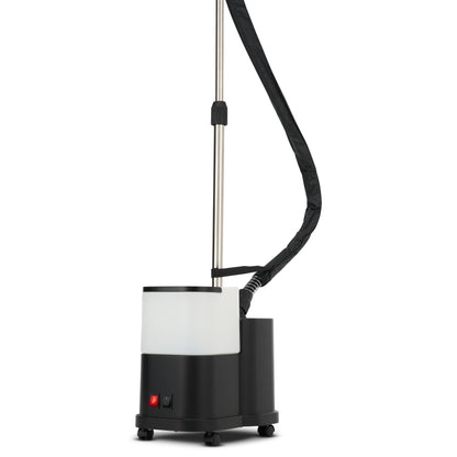 The Fridja f1600 Commercial Clothes Steamer, in black and white, features a long flexible hose, telescoping pole, wheels, power switch, and indicator light at the base—perfect for efficient garment care.