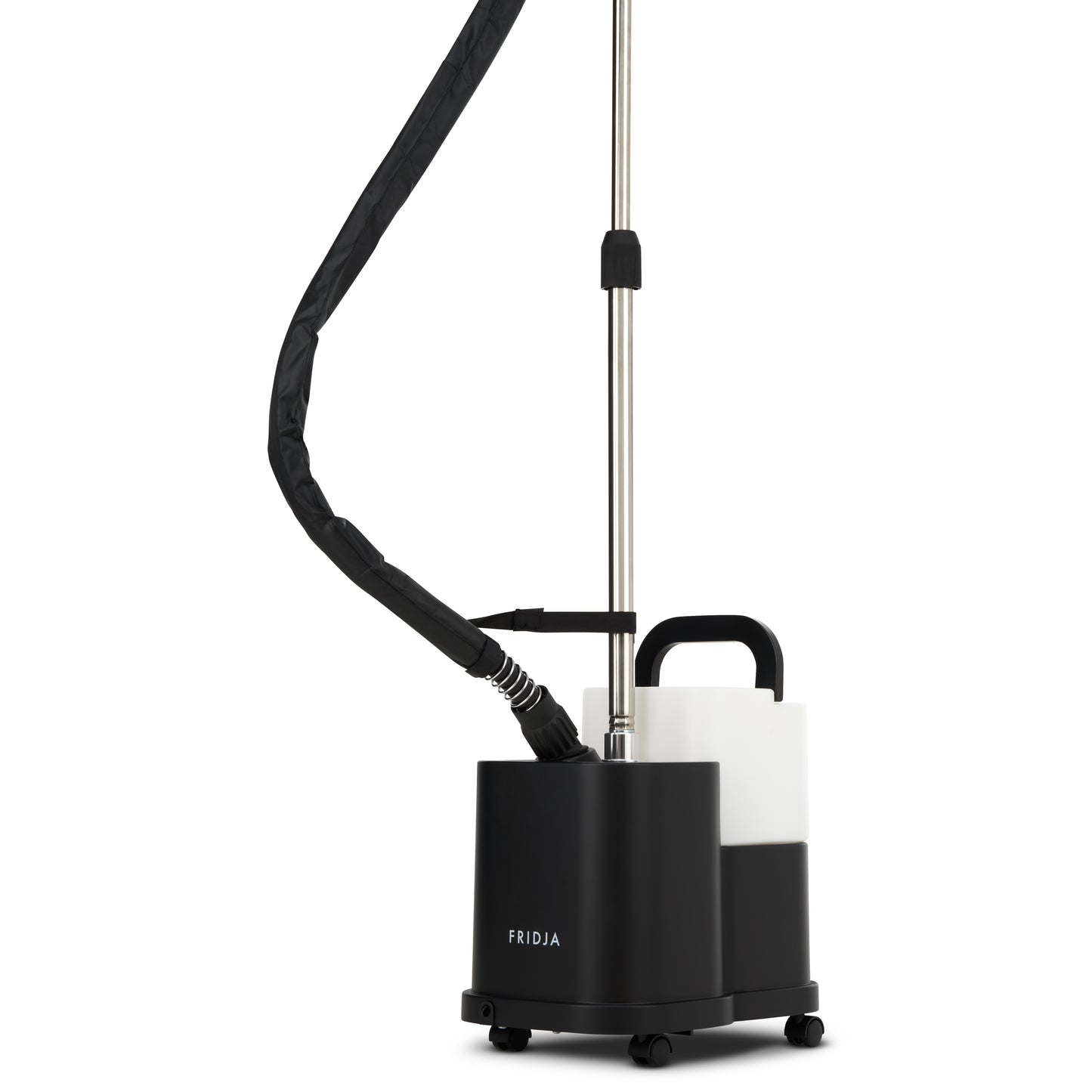 The Fridja f1600 Commercial Clothes Steamer features a black and white design, flexible hose, retractable pole, wheeled water tank, and the Fridja logo on the front—ideal for professional garment care in any setting.