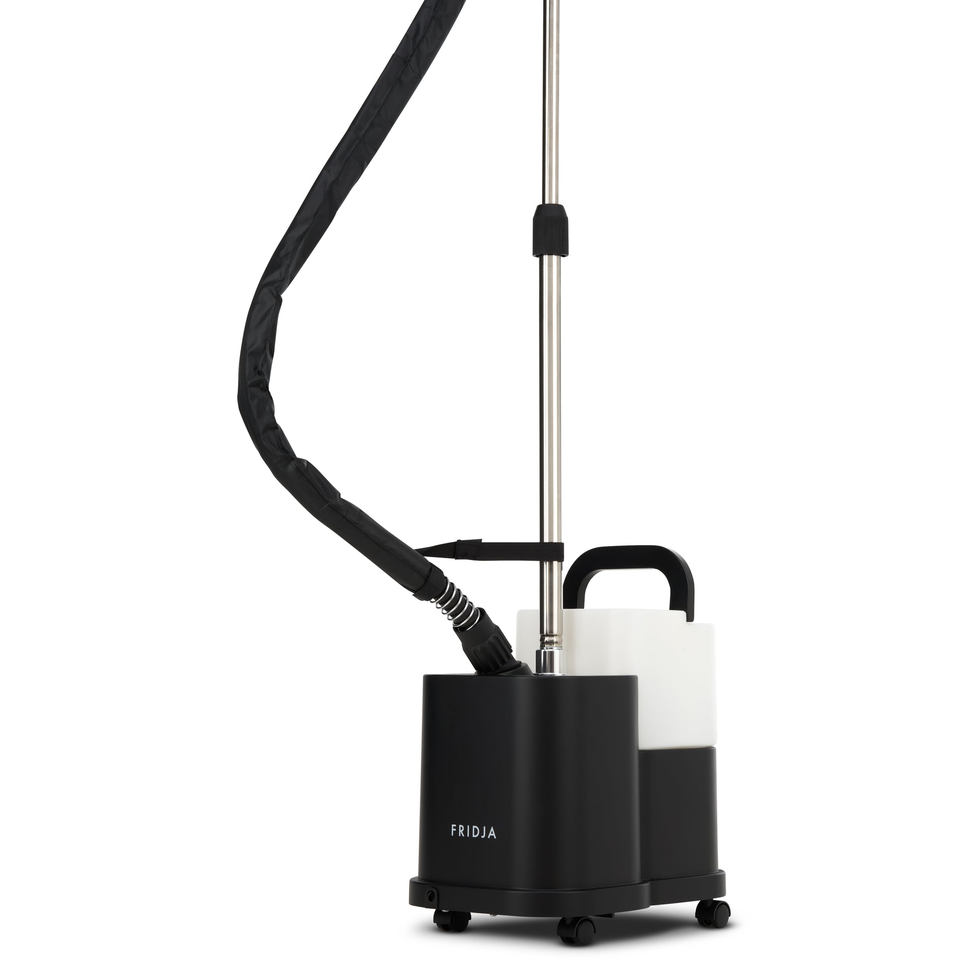 The Fridja f1600 Commercial Clothes Steamer features a black and white design, flexible hose, retractable pole, wheeled water tank, and the Fridja logo on the front—ideal for professional garment care in any setting.