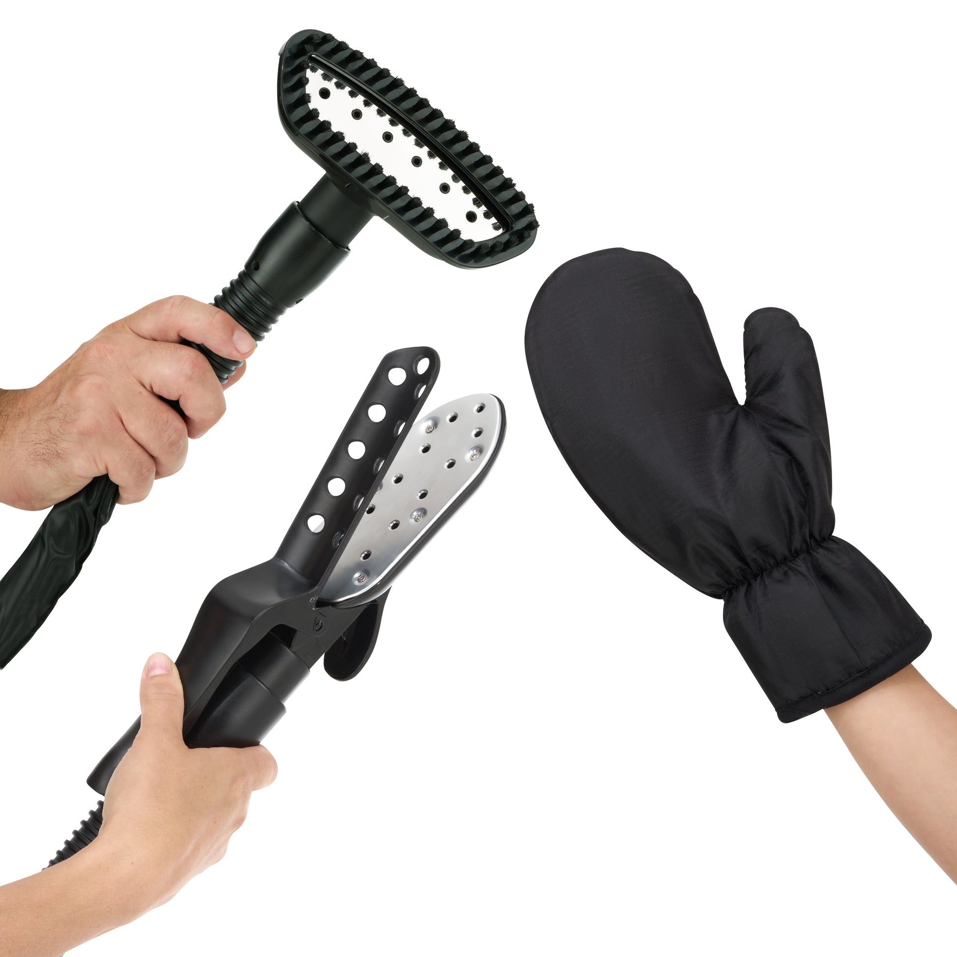 One person holds a Fridja f1600 Commercial Clothes Steamer with a brush attachment, another holds its iron attachment, and a third wears the included black heat-resistant glove.