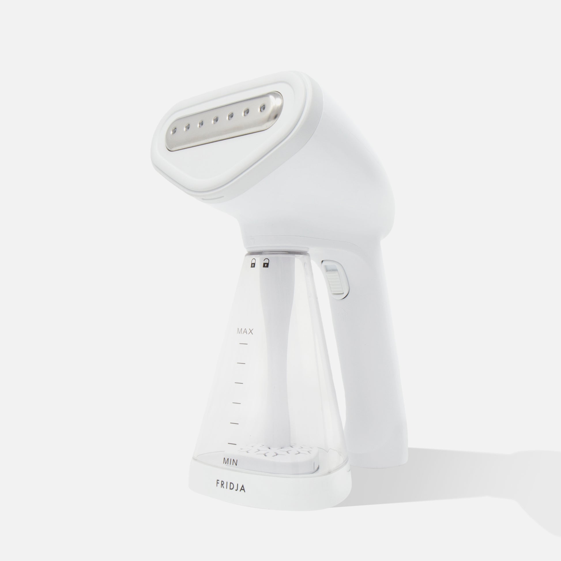 The Fridja f10 Handheld Clothes Steamer is a white device featuring a transparent water tank with clearly marked MIN and MAX levels, and the Fridja brand label at the bottom.