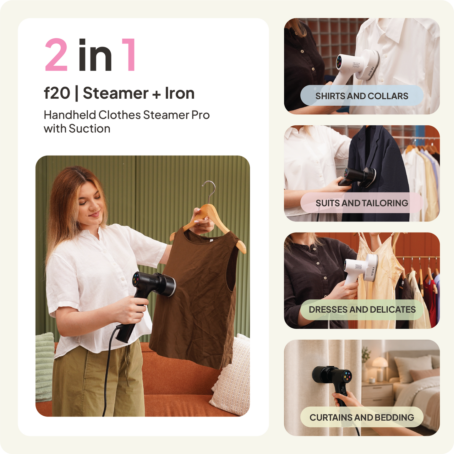 A woman uses the Fridja f20 Handheld Clothes Steamer Pro with Suction on a brown shirt. Four side images display the device being used on shirts, suits, dresses, and curtains. Text highlights it as a 2-in-1 steamer and iron suitable for various fabrics.