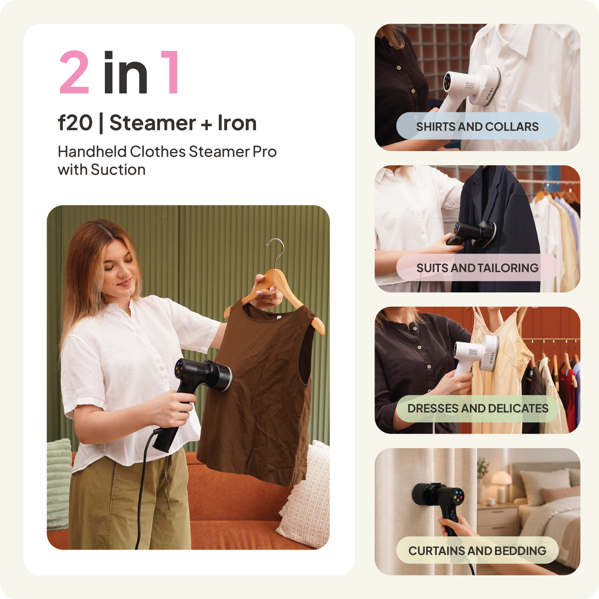 A woman uses the Fridja f20 Handheld Clothes Steamer Pro with Suction on a brown shirt. Four side images display the device being used on shirts, suits, dresses, and curtains. Text highlights it as a 2-in-1 steamer and iron suitable for various fabrics.