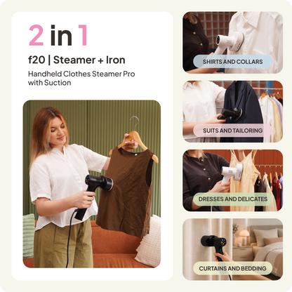 A woman uses the Fridja f20 Handheld Clothes Steamer Pro with Suction on a brown shirt. Four side images display the device being used on shirts, suits, dresses, and curtains. Text highlights it as a 2-in-1 steamer and iron suitable for various fabrics.