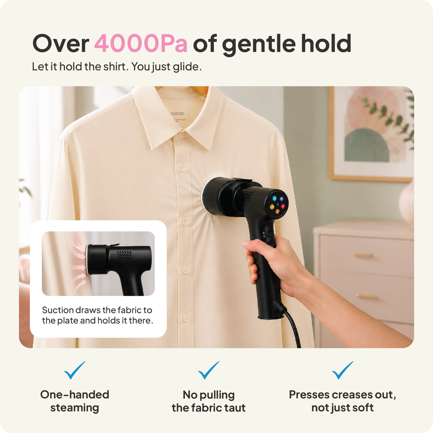 A hand uses the Fridja f20 Handheld Clothes Steamer Pro with Suction, in black, on a beige shirt. Text highlights its powerful 4000Pa suction, easy one-handed operation, and features such as no pulling or creasing. An inset displays a close-up of the steamer in use.