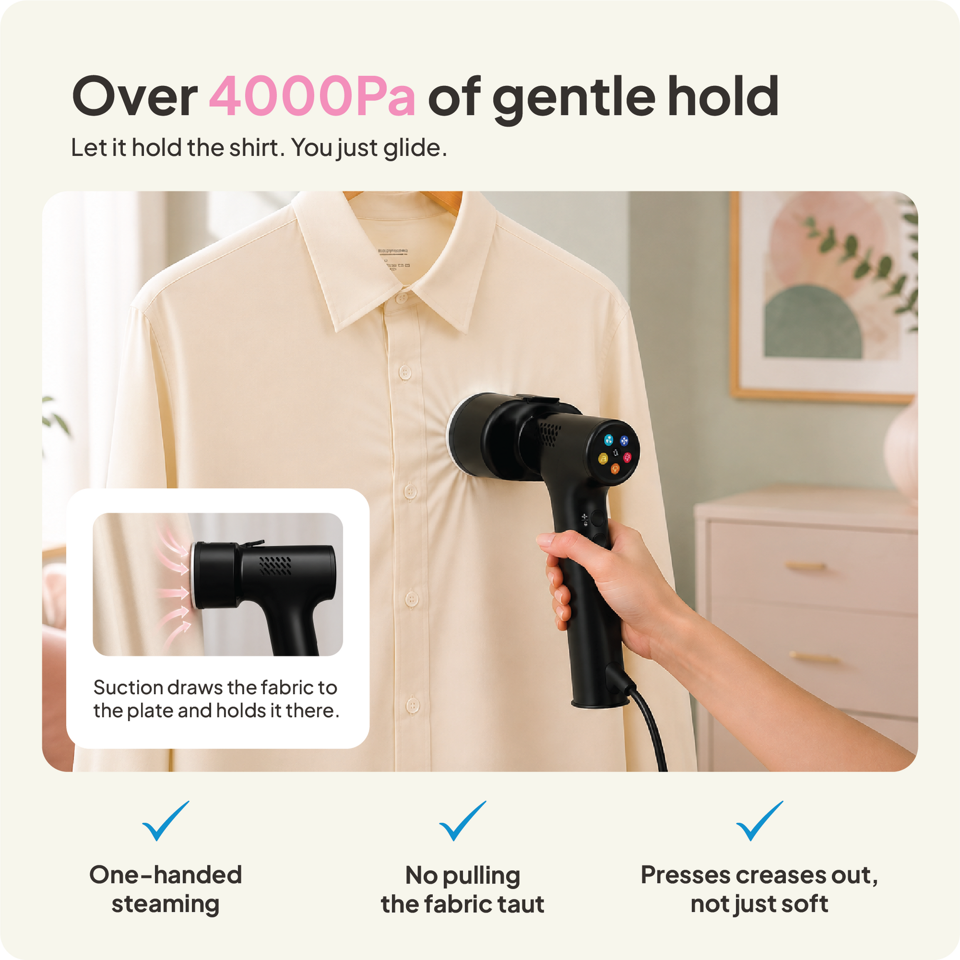 A hand uses the Fridja f20 Handheld Clothes Steamer Pro with Suction, in black, on a beige shirt. Text highlights its powerful 4000Pa suction, easy one-handed operation, and features such as no pulling or creasing. An inset displays a close-up of the steamer in use.