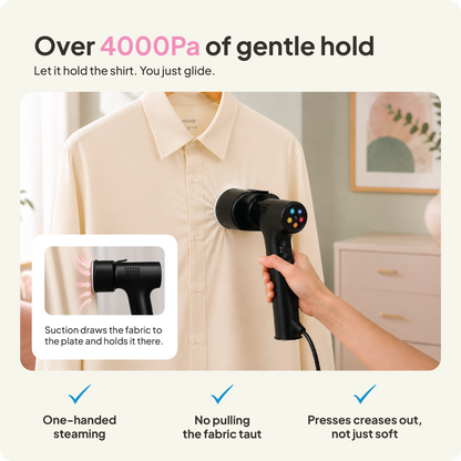 A hand uses the Fridja f20 Handheld Clothes Steamer Pro with Suction, in black, on a beige shirt. Text highlights its powerful 4000Pa suction, easy one-handed operation, and features such as no pulling or creasing. An inset displays a close-up of the steamer in use.