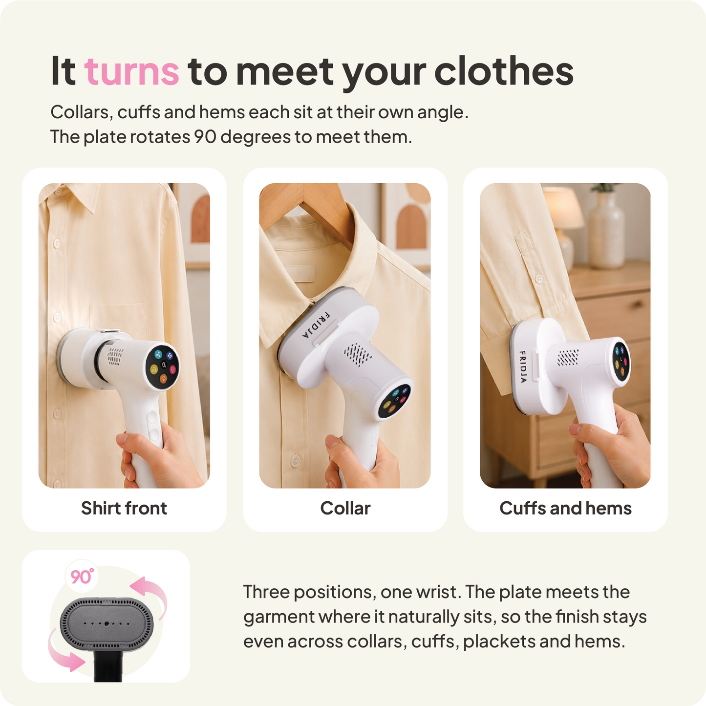 In three photos, the Fridja f20 Handheld Clothes Steamer Pro with Suction is used on a shirt’s front, collar, and hem, showcasing its innovative rotating plate design. The text explains that the steamer’s plate rotates 90 degrees for even steaming on different parts of the shirt—achieving results comparable to a traditional iron while offering greater convenience.