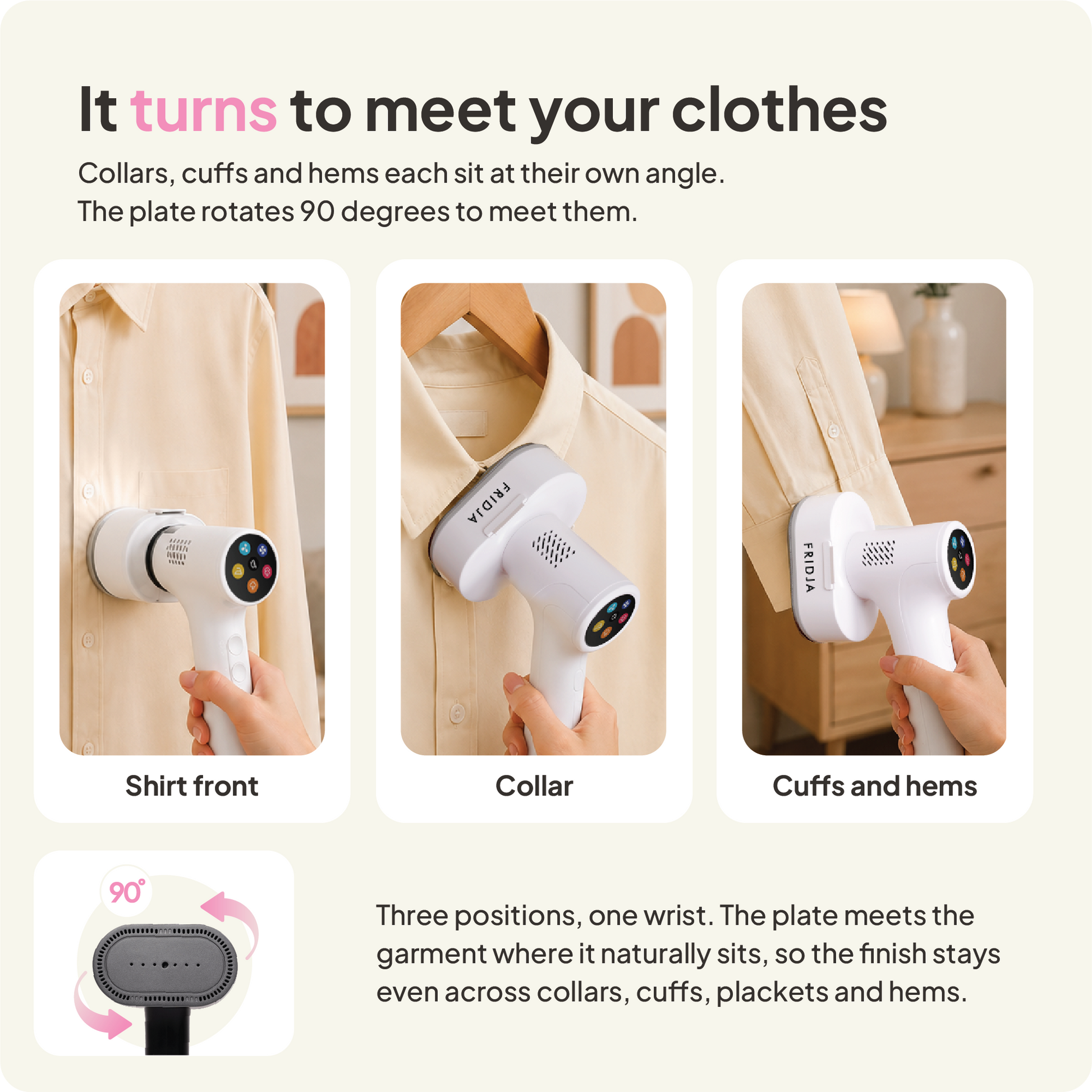 In three photos, the Fridja f20 Handheld Clothes Steamer Pro with Suction is used on a shirt’s front, collar, and hem, showcasing its innovative rotating plate design. The text explains that the steamer’s plate rotates 90 degrees for even steaming on different parts of the shirt—achieving results comparable to a traditional iron while offering greater convenience.