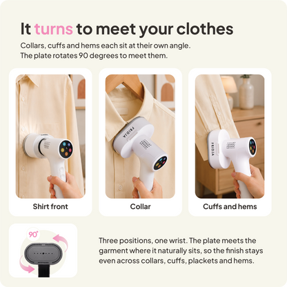 In three photos, the Fridja f20 Handheld Clothes Steamer Pro with Suction is used on a shirt’s front, collar, and hem, showcasing its innovative rotating plate design. The text explains that the steamer’s plate rotates 90 degrees for even steaming on different parts of the shirt—achieving results comparable to a traditional iron while offering greater convenience.