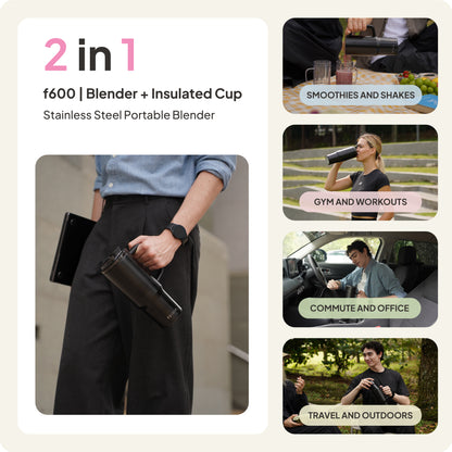 A person holds the Fridja f600 Stainless Steel Portable Blender in black, an insulated 2-in-1 ice crushing blender and cup. On the right, smaller images display its versatile use for smoothies, workouts, commuting, and travel.
