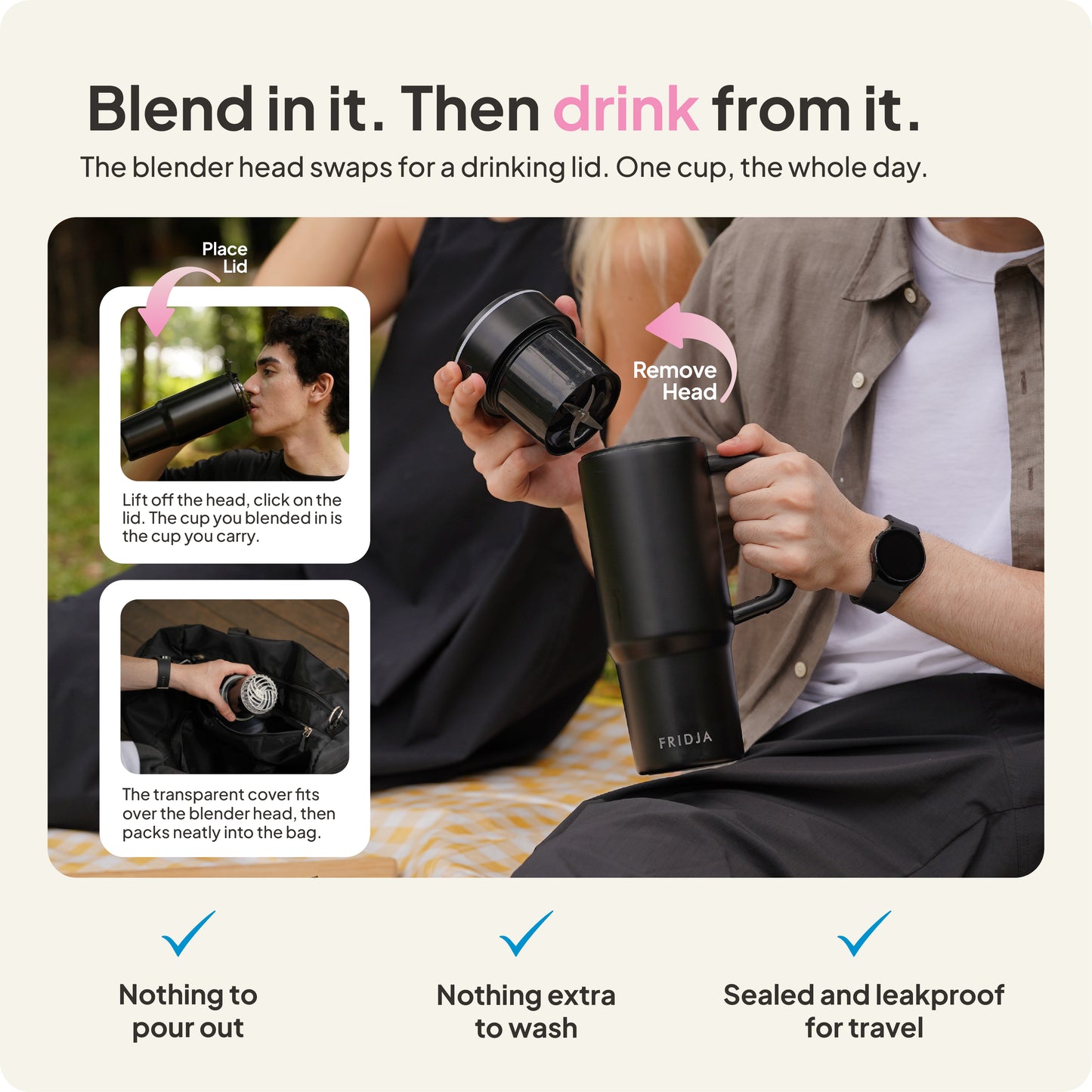Two people sit on grass, demonstrating the Fridja f600 Stainless Steel Portable Blender. One removes the blending head, while the other secures a drinking lid. On-screen text highlights its convenience, leakproof design, and seamless switch from blending to drinking.