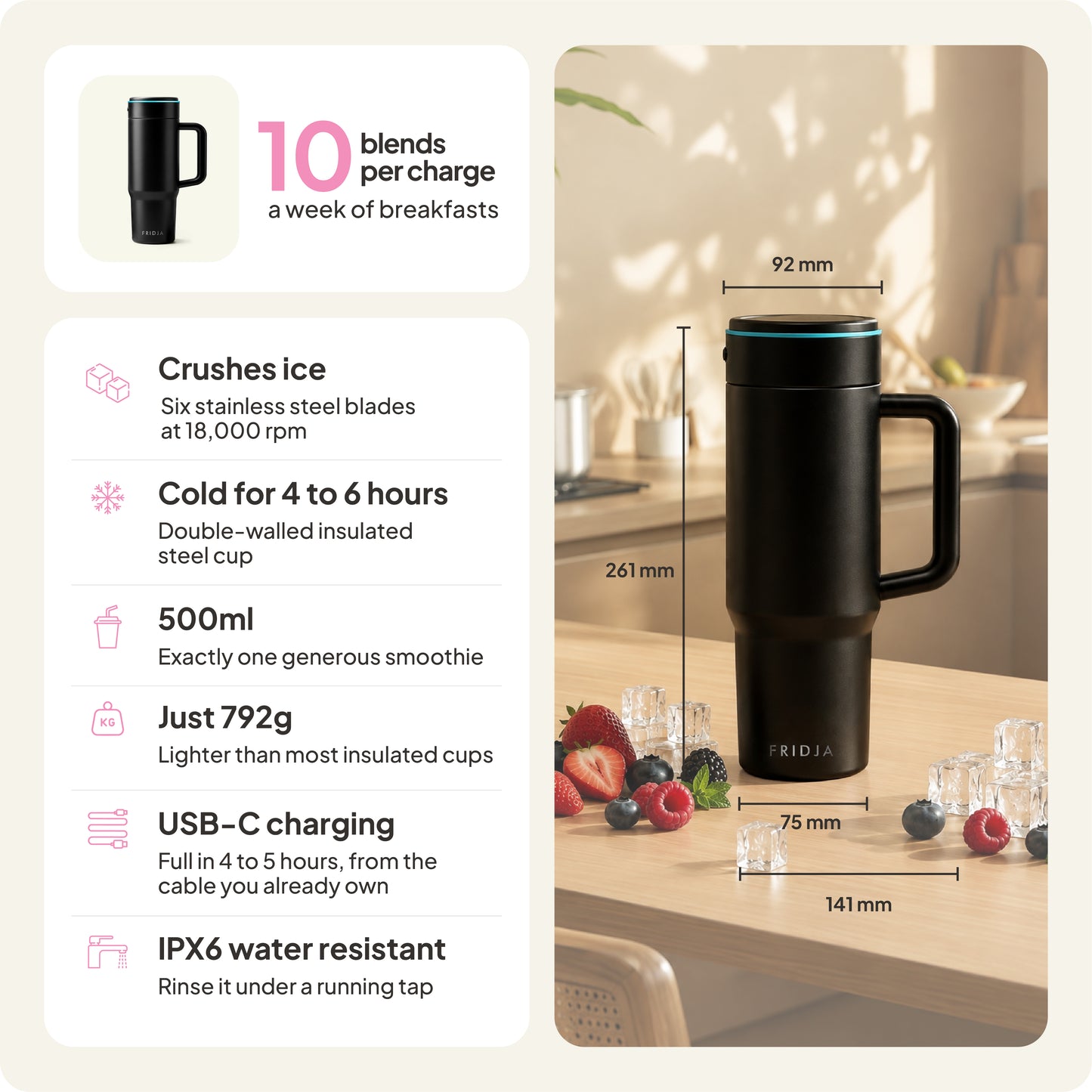 The Fridja f600 Stainless Steel Portable Blender in black is displayed on a table with ice, strawberries, and raspberries. Beside the cup, features such as 10 blends per charge, USB-C charging, water resistance, and powerful ice crushing capabilities are shown. Product measurements are also presented.