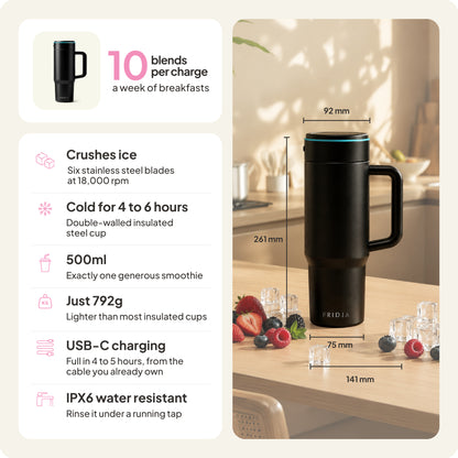 The Fridja f600 Stainless Steel Portable Blender in black is displayed on a table with ice, strawberries, and raspberries. Beside the cup, features such as 10 blends per charge, USB-C charging, water resistance, and powerful ice crushing capabilities are shown. Product measurements are also presented.