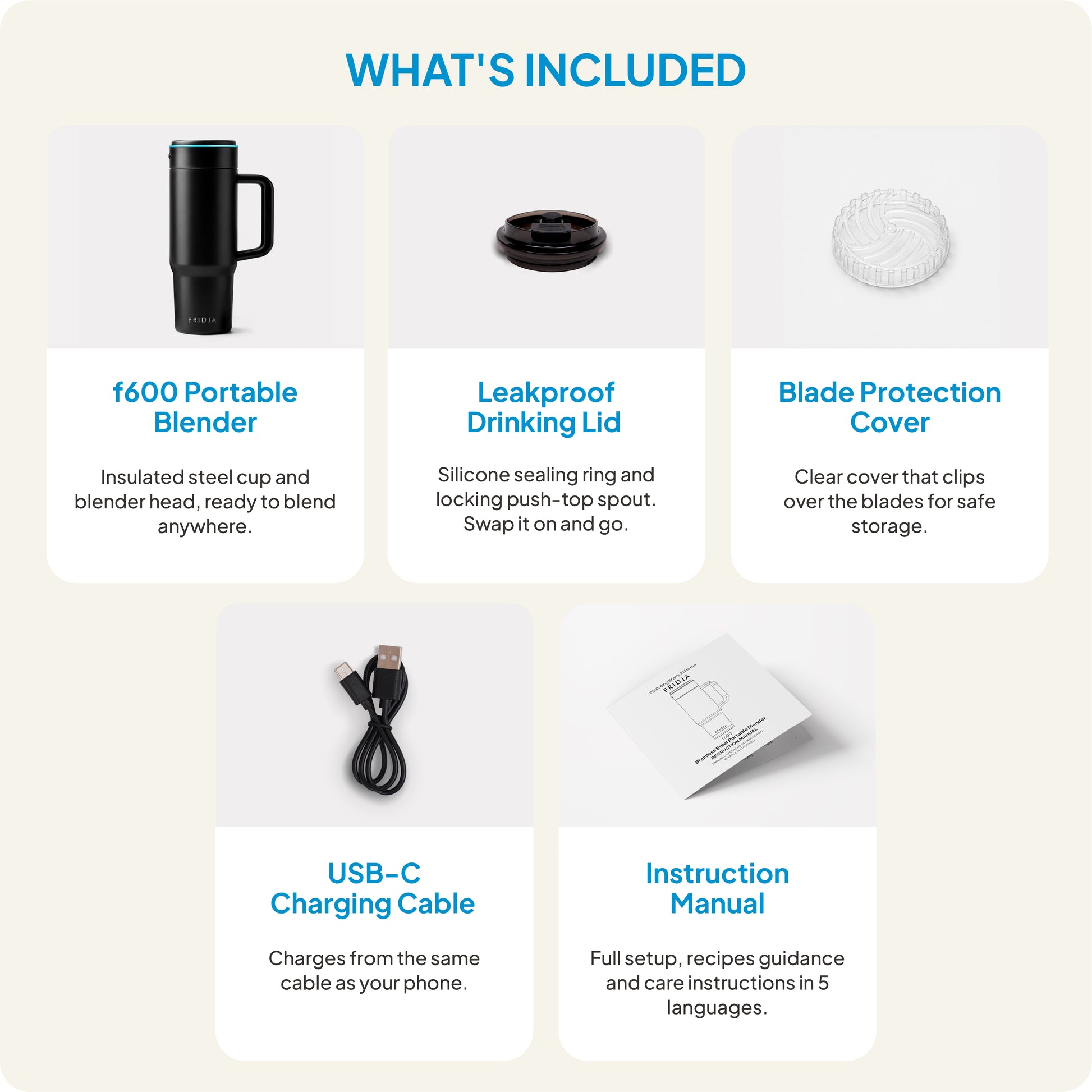 What’s included: Fridja f600 Stainless Steel Portable Blender with ice-crushing capabilities, insulated stainless steel body, leakproof drinking lid, blade protection cover, USB-C charging cable, and instruction manual. Each component is pictured with a brief description underneath.