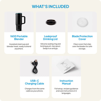 What’s included: Fridja f600 Stainless Steel Portable Blender with ice-crushing capabilities, insulated stainless steel body, leakproof drinking lid, blade protection cover, USB-C charging cable, and instruction manual. Each component is pictured with a brief description underneath.