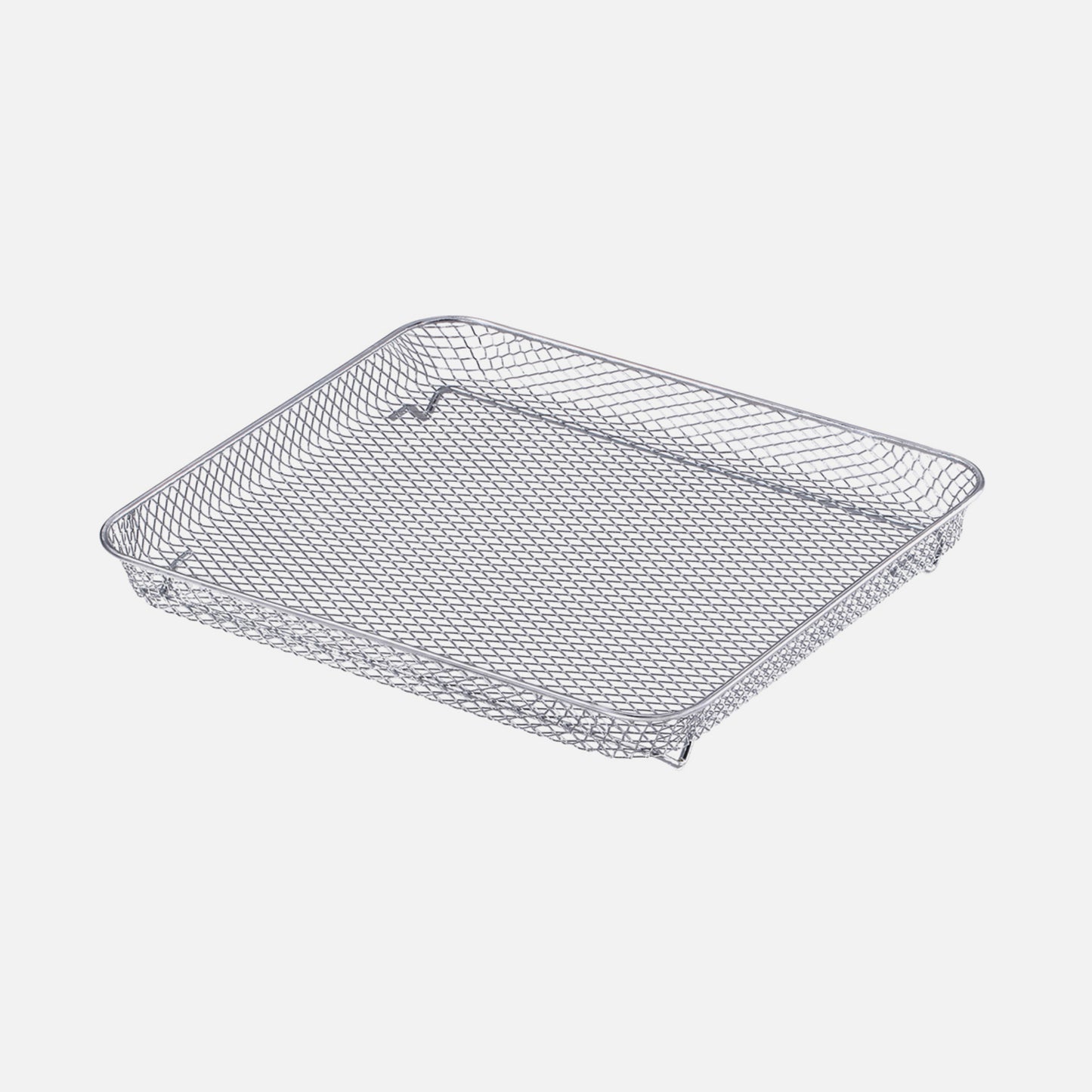 The Fridja f77 Air Fryer Basket is a rectangular, shallow silver metal mesh accessory with raised edges, designed for use with the f77 Super Oven or air fryer. The basket is shown on a white background.