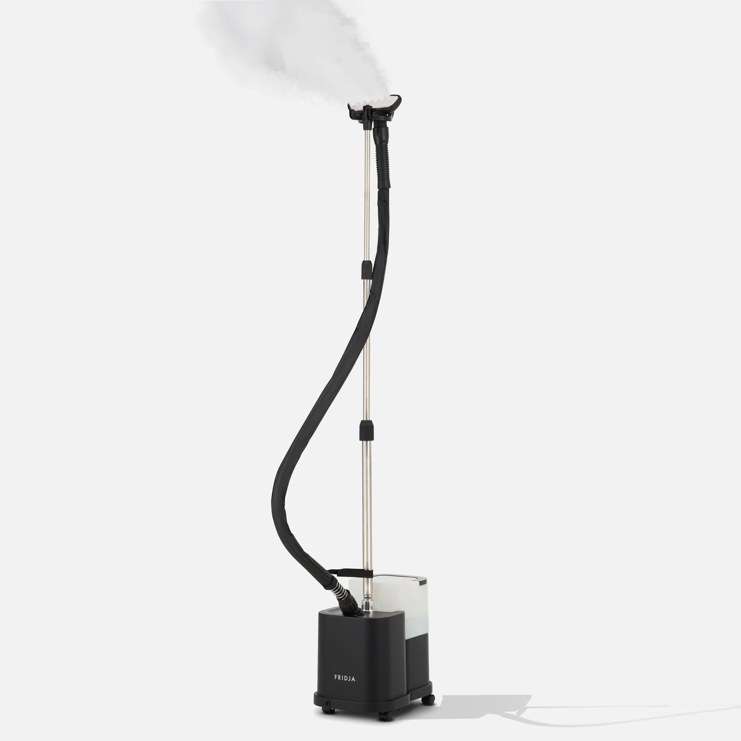 The Fridja f1600 Commercial Clothes Steamer features a long flexible hose, steam nozzle, and a rectangular wheeled base with water tank, all set against a plain white background.