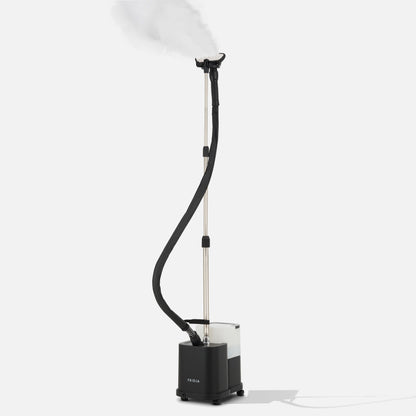 The Fridja f1600 Commercial Clothes Steamer features a long flexible hose, steam nozzle, and a rectangular wheeled base with water tank, all set against a plain white background.