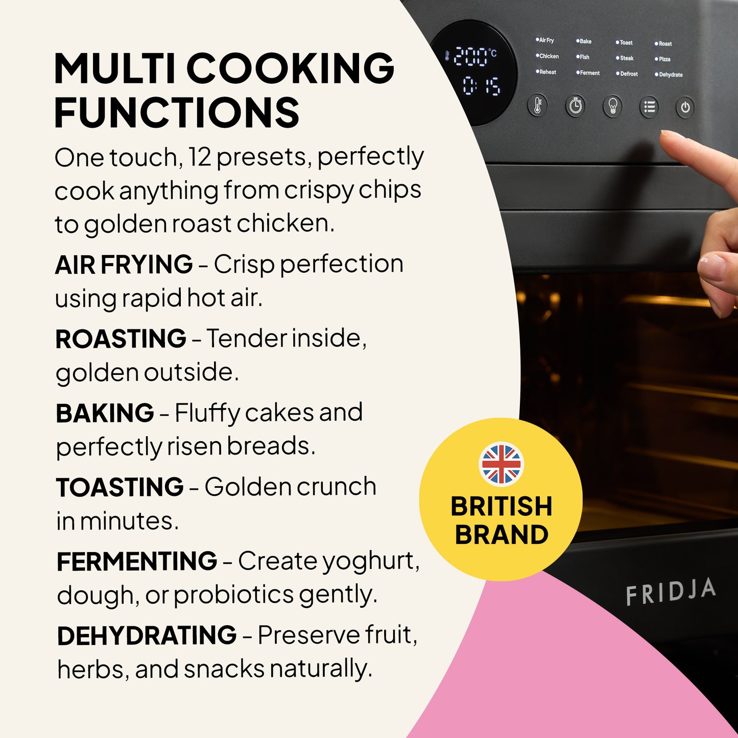 Fridja Super Oven - 15L Digital Air Fryer Oven in black features 12 smart presets for air frying, roasting, baking, toasting, fermenting, and dehydrating. British Brand label with UK flag.