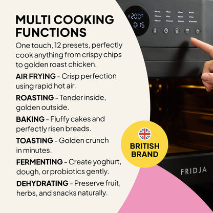 Fridja Super Oven - 15L Digital Air Fryer Oven in black features 12 smart presets for air frying, roasting, baking, toasting, fermenting, and dehydrating. British Brand label with UK flag.