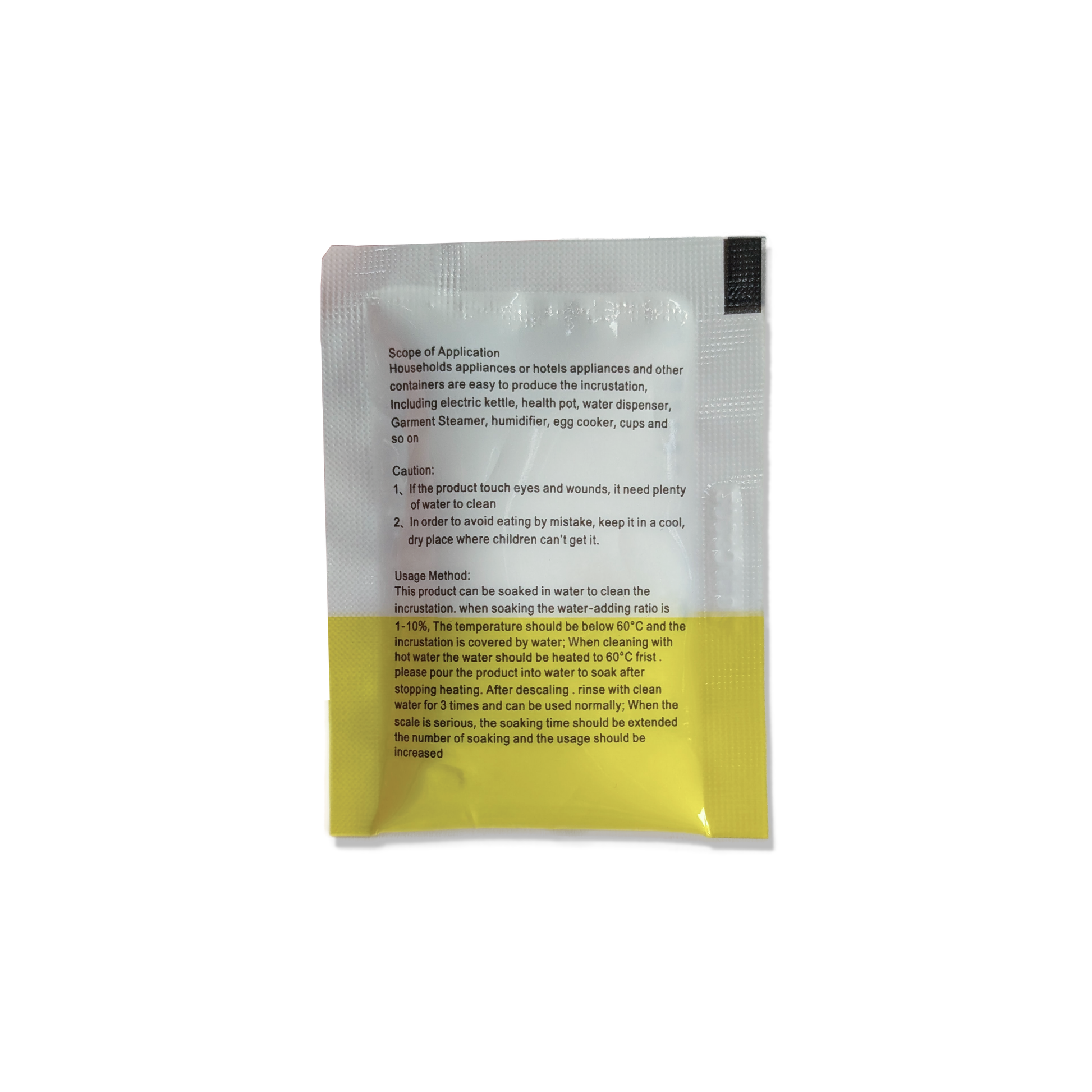 A small white and yellow Fridja Clothes Steamer Descaling Crystals packet with English instructions on usage, applications, and cautions for cleaning household appliances like clothes steamers; perfect for removing limescale.