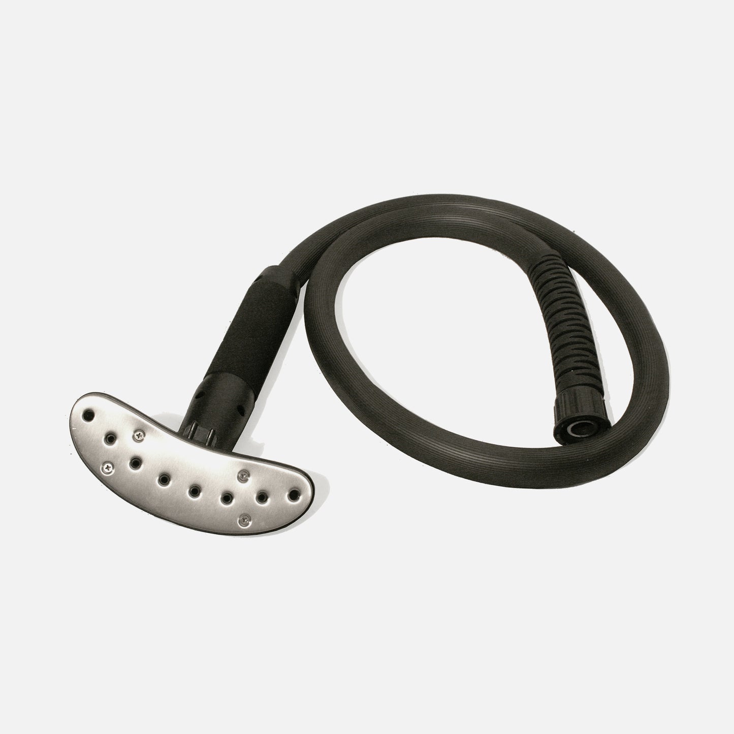 The Fridja f1000 Hose and Stainless Steel Head is a flexible black replacement steam hose with a stainless steel head featuring multiple small steam-release holes, designed for use with the f1000 Vertical Clothes Steamer for effective garment care.