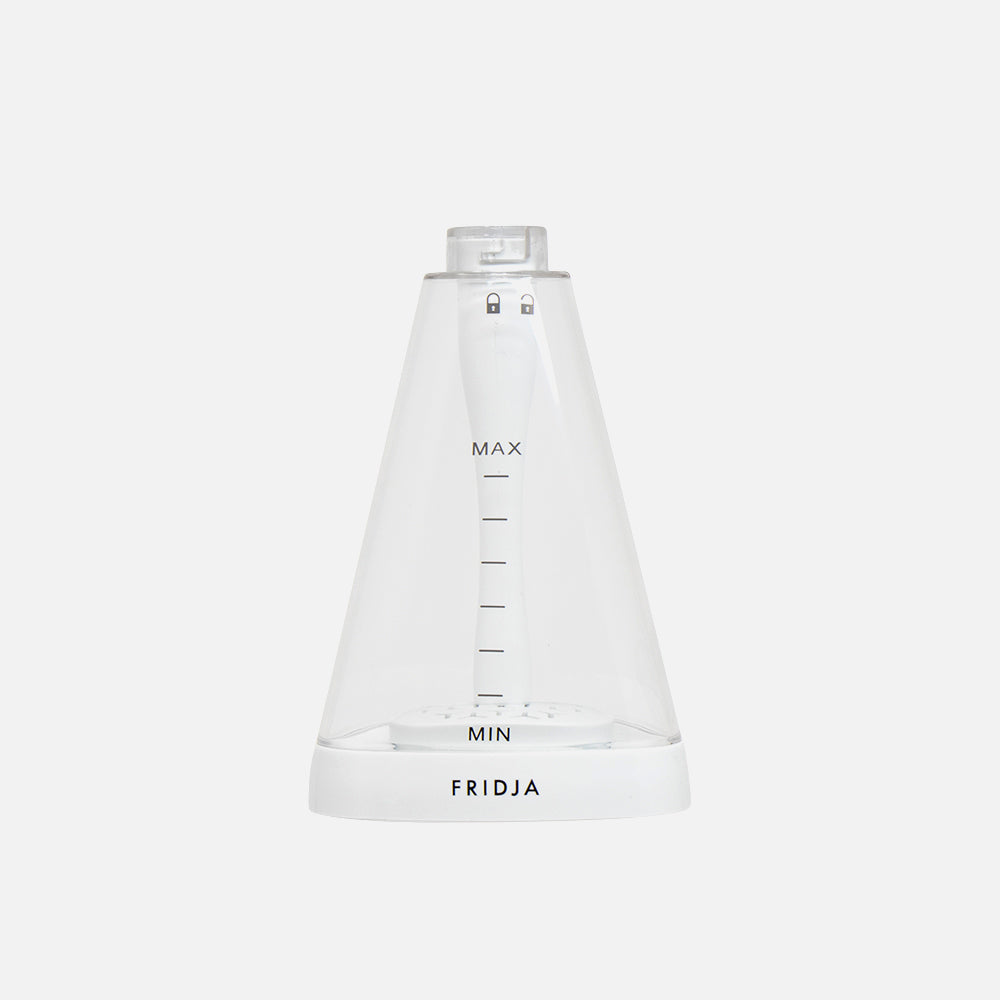A transparent, conical Fridja f10 Water Tank with a white base and MIN/MAX level markings, designed for handheld clothes steamers. Fridja is printed at the bottom. The item is set against a plain white background.