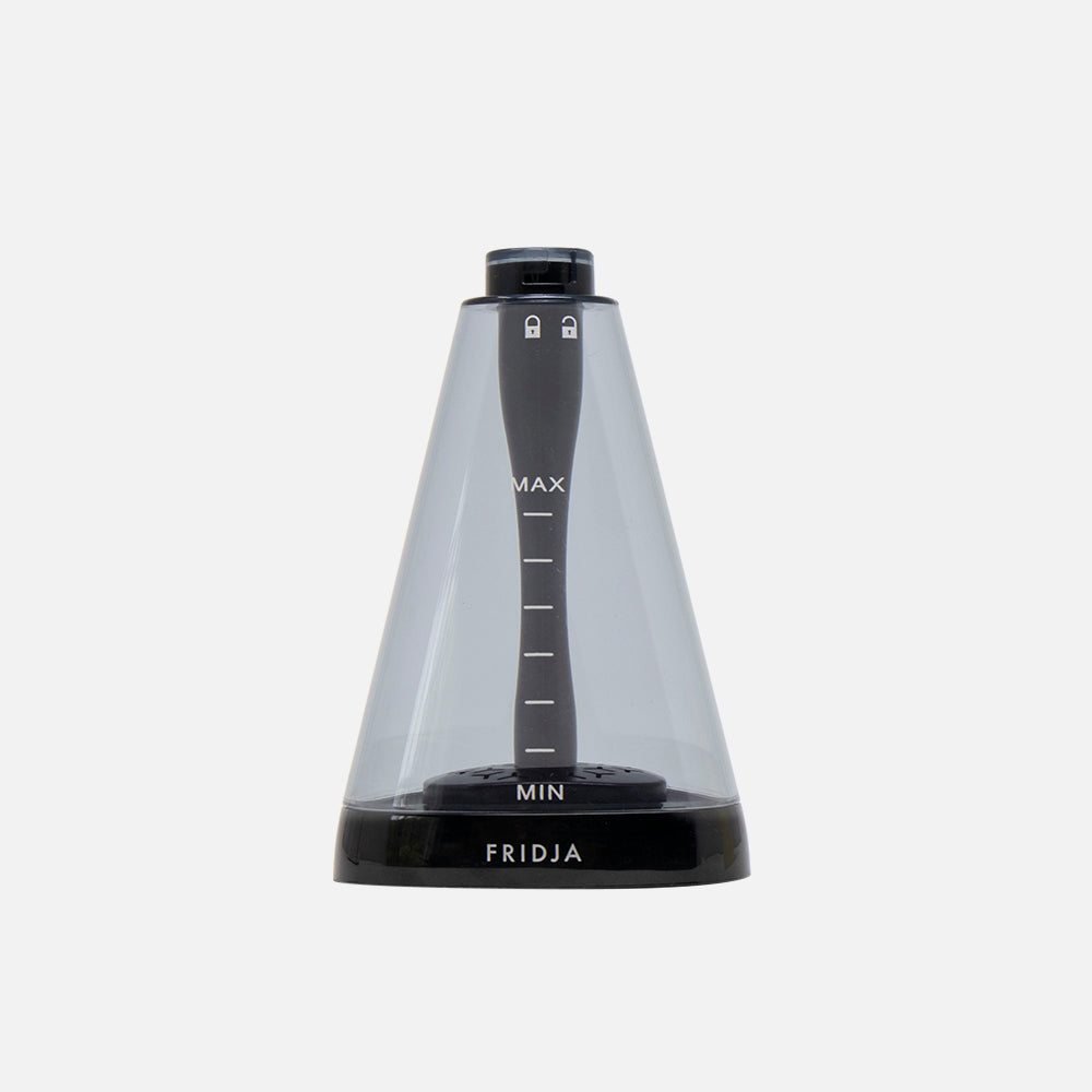 The Fridja f10 Water Tank is a transparent, cone-shaped tank for handheld clothes steamers, featuring a black base and lid, MIN/MAX markings, and the Fridja logo at the bottom—perfect for efficient garment care.