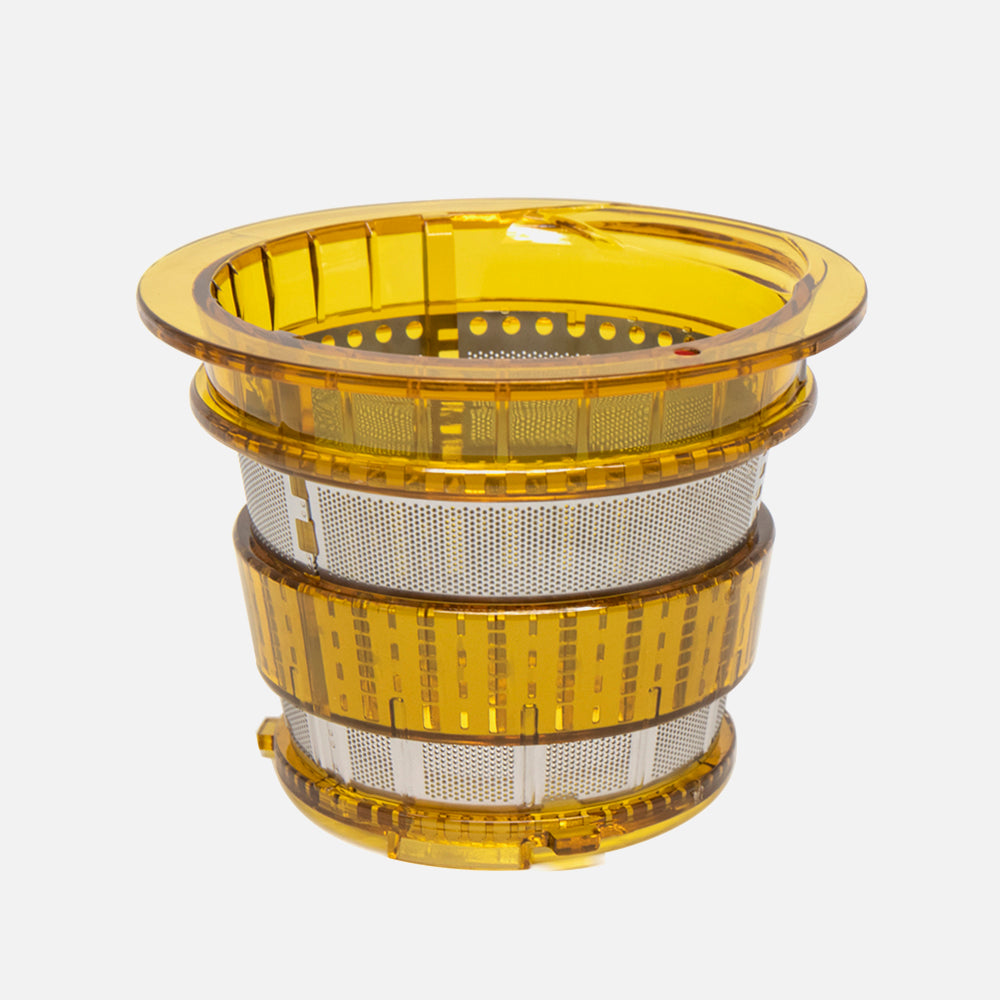 The Fridja f1900 Juice Strainer is a yellow plastic and metal mesh replacement basket for effective pulp separation, designed for juicers and shown on a plain white background.