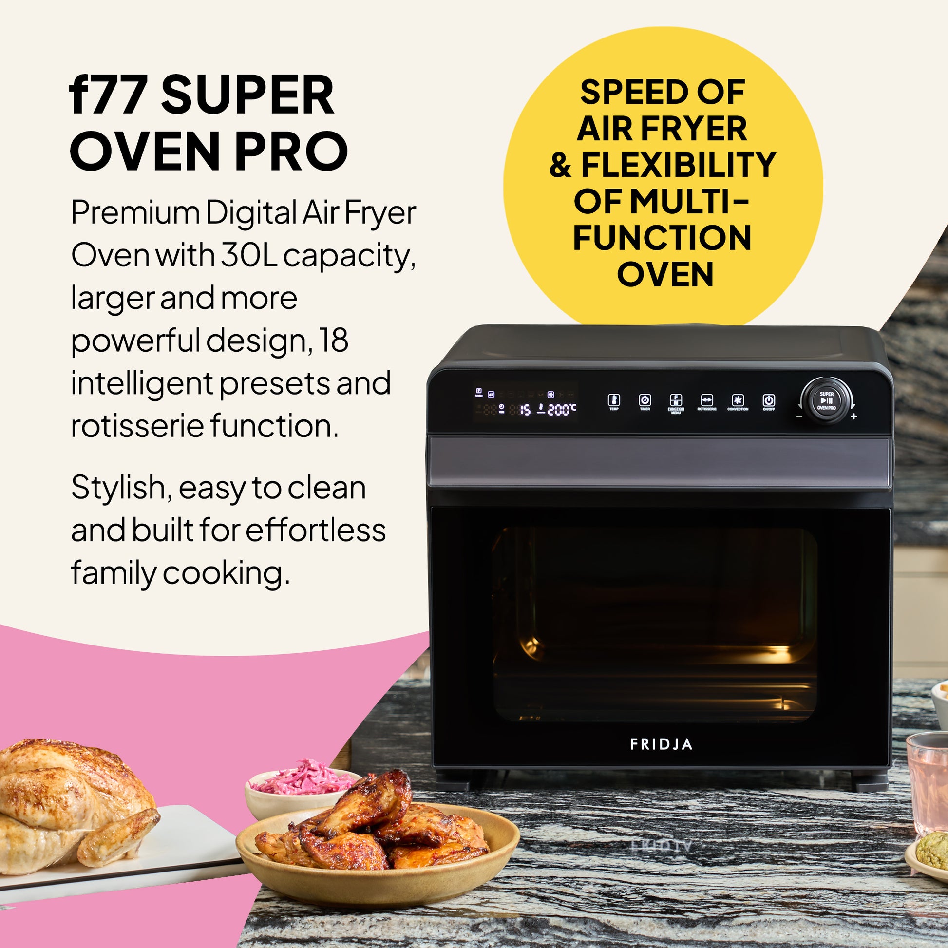 A black Fridja Super Oven Pro - 30L Digital Air Fryer Oven sits on a kitchen counter next to cooked chicken, fries, and berries. Text highlights its 30L capacity, 18 presets, and easy-to-clean design.