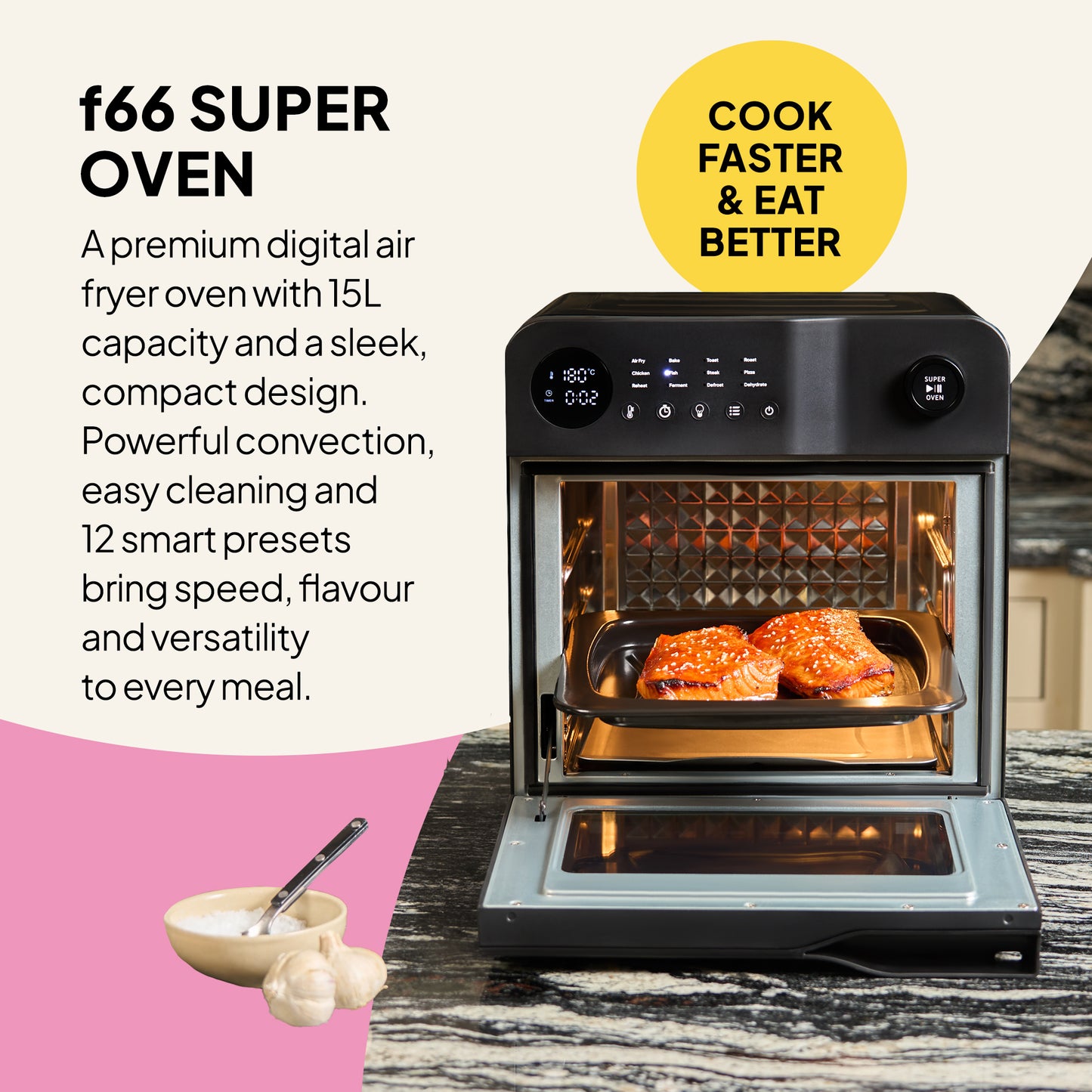 The Fridja Super Oven - 15L Digital Air Fryer Oven sits on a kitchen counter with salmon fillets inside, featuring 12 smart presets, rapid convection cooking, easy-to-clean design, and a nearby bowl of garlic.