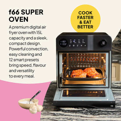 The Fridja Super Oven - 15L Digital Air Fryer Oven sits on a kitchen counter with salmon fillets inside, featuring 12 smart presets, rapid convection cooking, easy-to-clean design, and a nearby bowl of garlic.