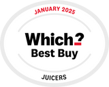 A circular badge with the text JANUARY 2025 at the top, Which? Best Buy in the center, and JUICERS at the bottom. The design is mostly black, red, and gray on a white background.