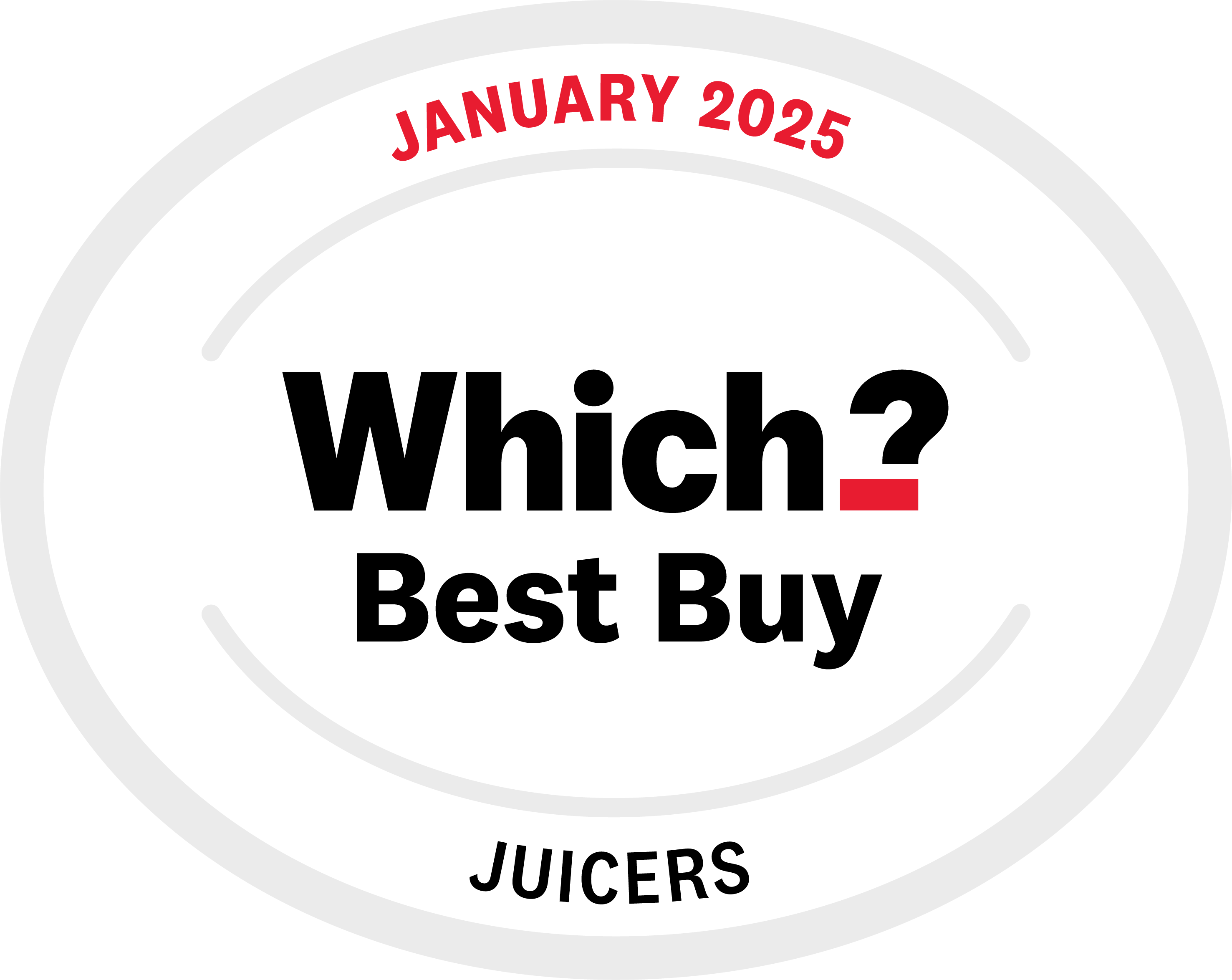 A circular badge with the text JANUARY 2025 at the top, Which? Best Buy in the center, and JUICERS at the bottom. The design is mostly black, red, and gray on a white background.