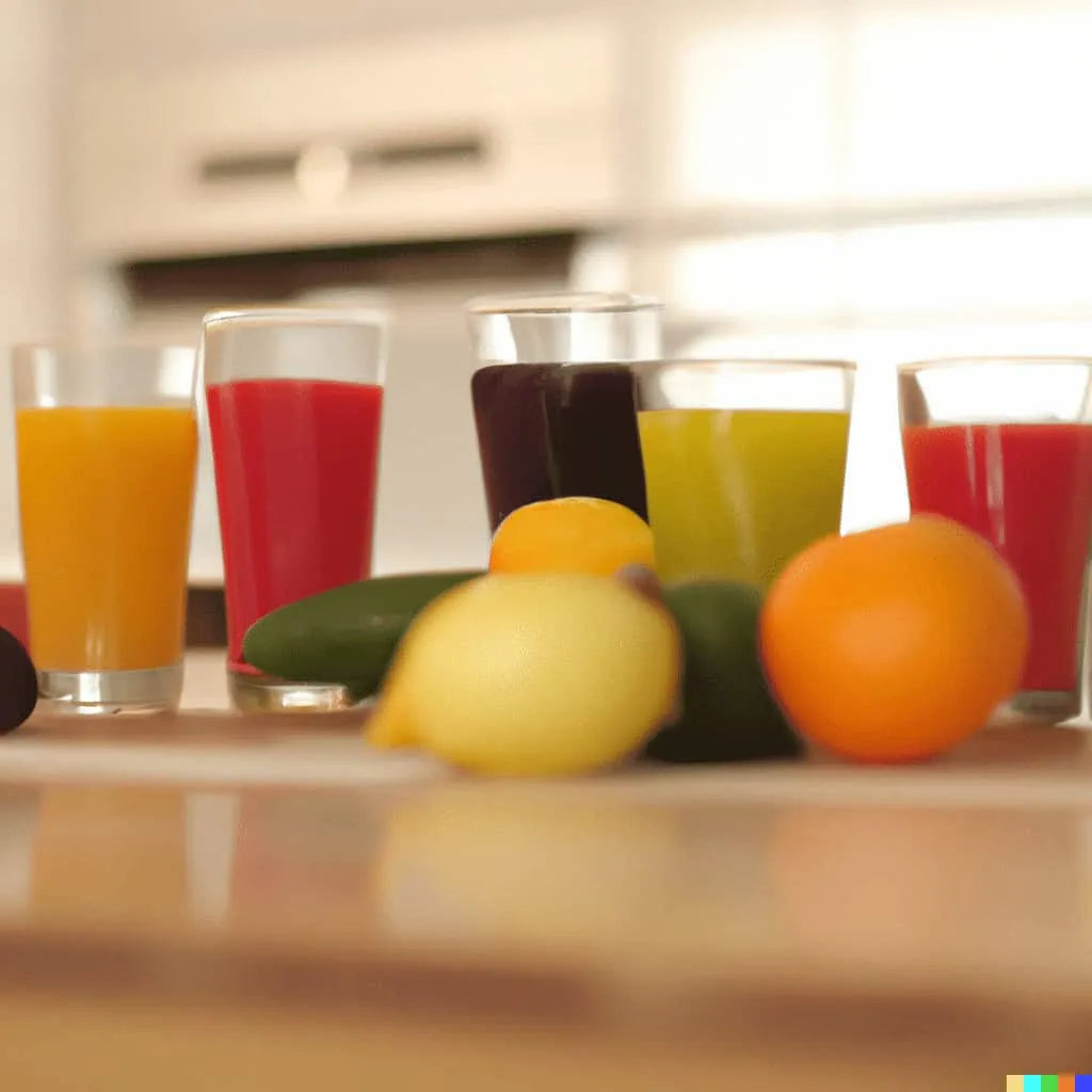 A variety of colorful fruit juices in glasses are placed on a table, with assorted fresh fruits like lemon, orange, and cucumber arranged in the foreground. The background shows a bright, blurred kitchen setting.