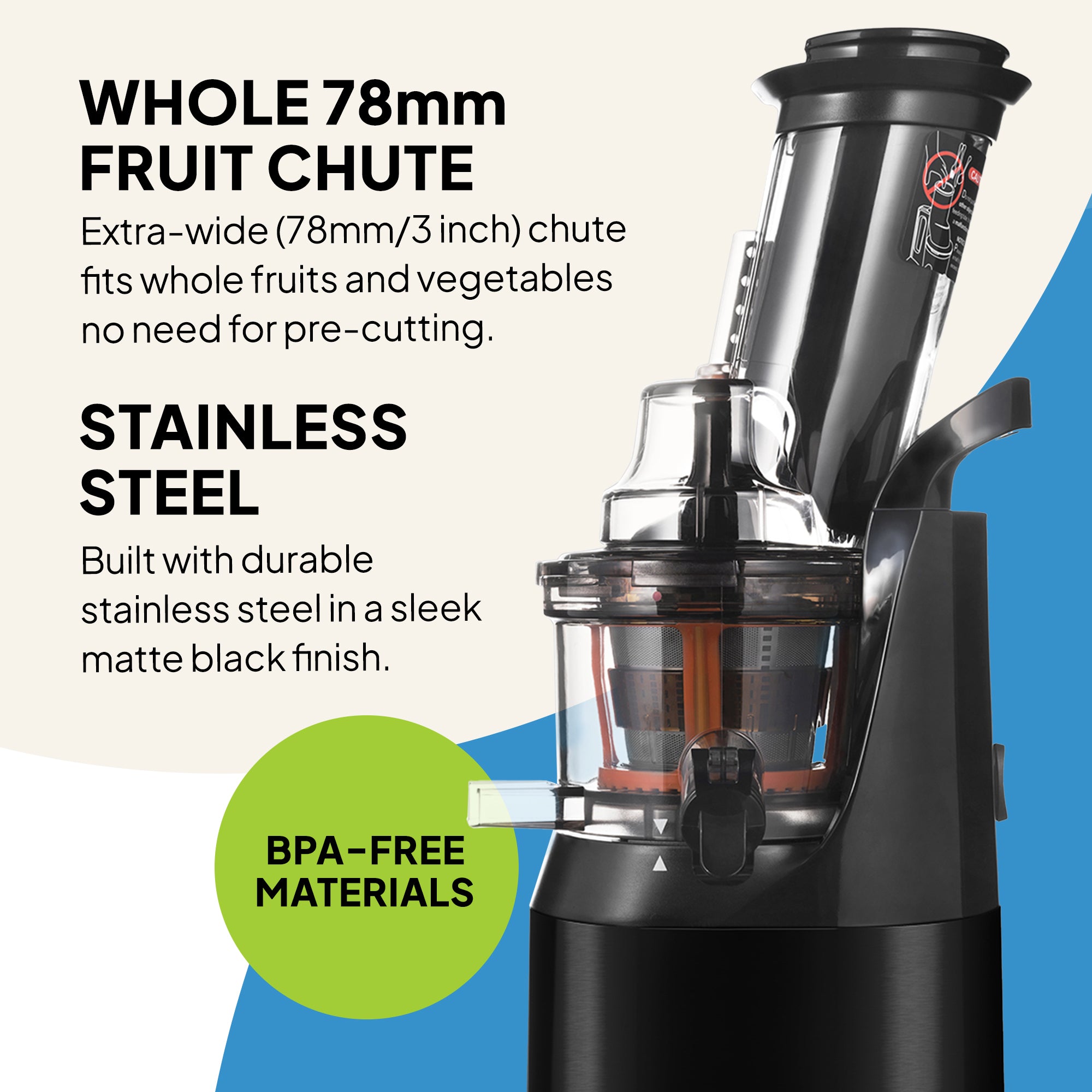 Whole Fruit Juicer | Black Stainless Steel Cold Press Juicer