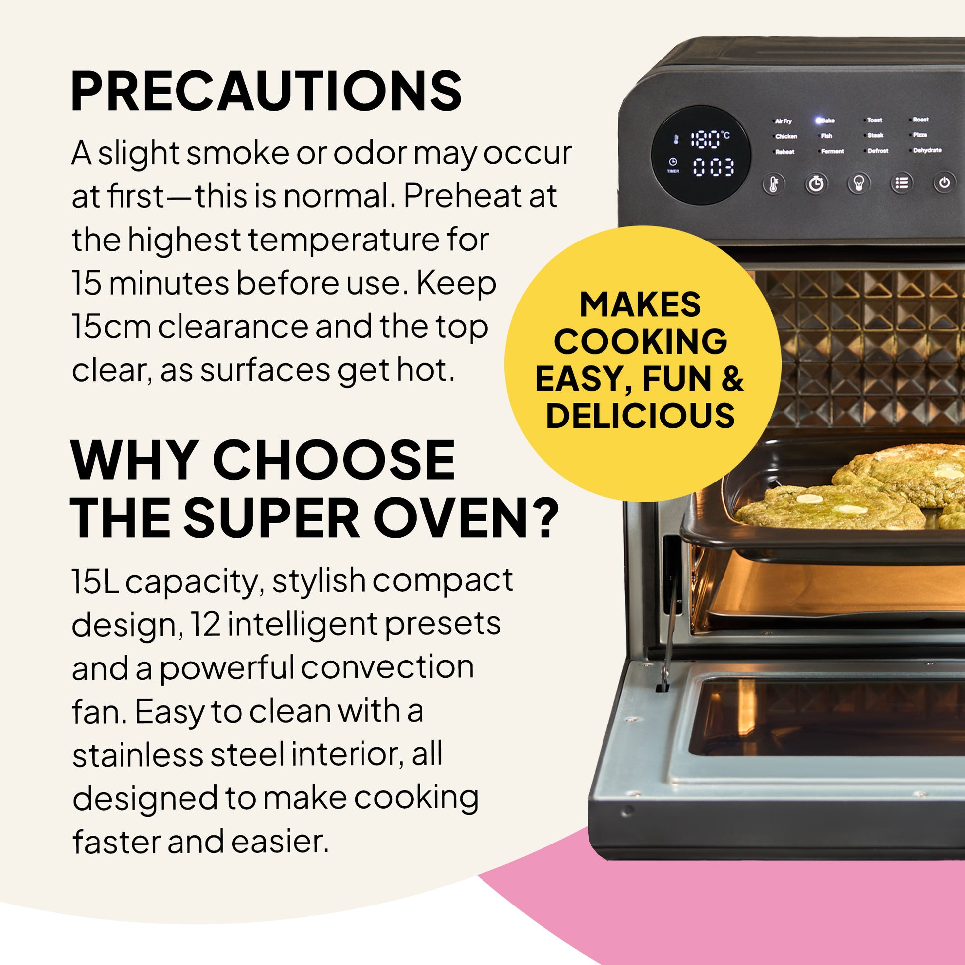 The Fridja Super Oven 15L Digital Air Fryer Oven with 12 smart presets and convection cooking features easy cleaning, a compact design, and fun, delicious meals. Text highlights precautions, features, and benefits for effortless use on your counter.