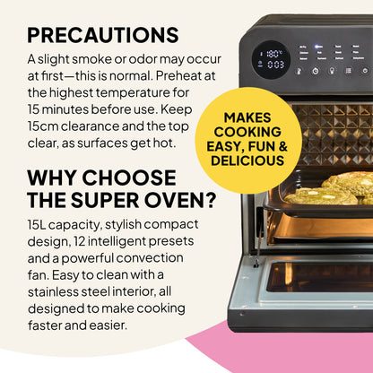 The Fridja Super Oven 15L Digital Air Fryer Oven with 12 smart presets and convection cooking features easy cleaning, a compact design, and fun, delicious meals. Text highlights precautions, features, and benefits for effortless use on your counter.