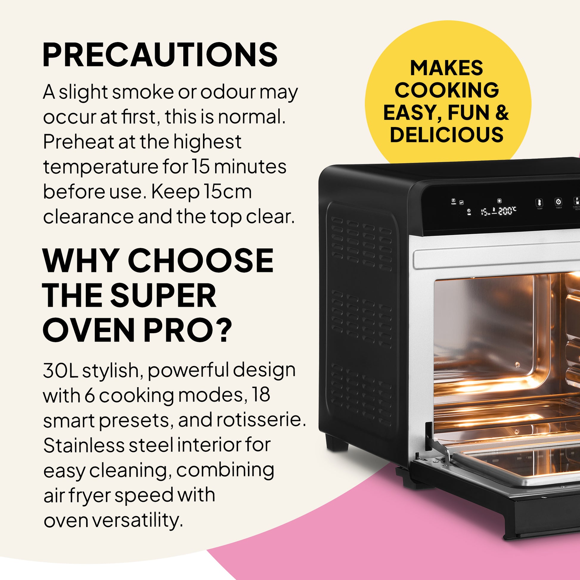 A black and silver Fridja Super Oven Pro - 30L Digital Air Fryer Oven with its door open sits on a pink surface. Features like six cooking modes and a stainless steel interior are shown, with a yellow circle: “Makes cooking easy, fun & delicious.”.