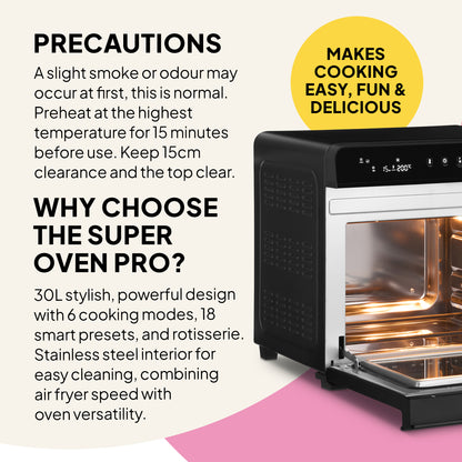 A black and silver Fridja Super Oven Pro - 30L Digital Air Fryer Oven with its door open sits on a pink surface. Features like six cooking modes and a stainless steel interior are shown, with a yellow circle: “Makes cooking easy, fun & delicious.”.