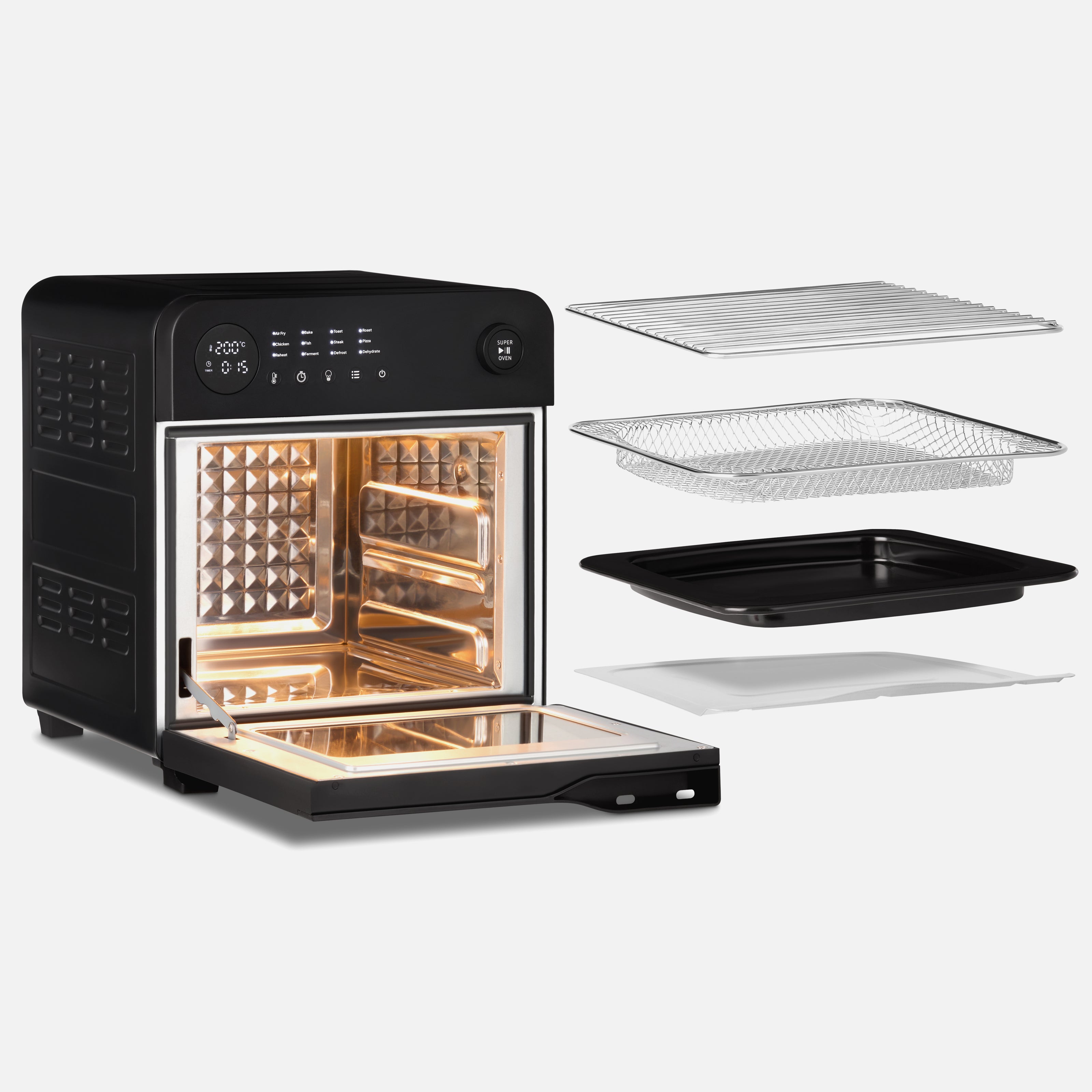 The Fridja Super Oven - 15L Digital Air Fryer Oven, shown in black with its door open and interior light on, comes with a wire rack, mesh basket, and baking tray. Convection cooking delivers fast, even results.