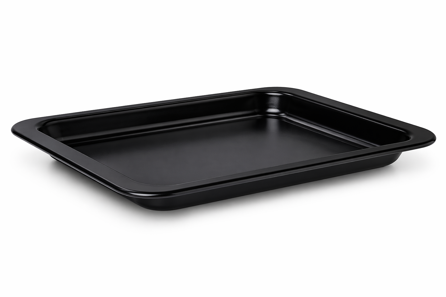 The Fridja f66 Baking Tray, a black rectangular tray with raised edges, is the perfect oven accessory for your f66 oven.