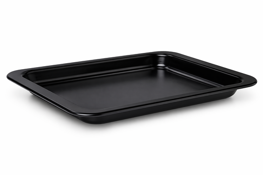 The Fridja f66 Baking Tray, a black rectangular tray with raised edges, is the perfect oven accessory for your f66 oven.