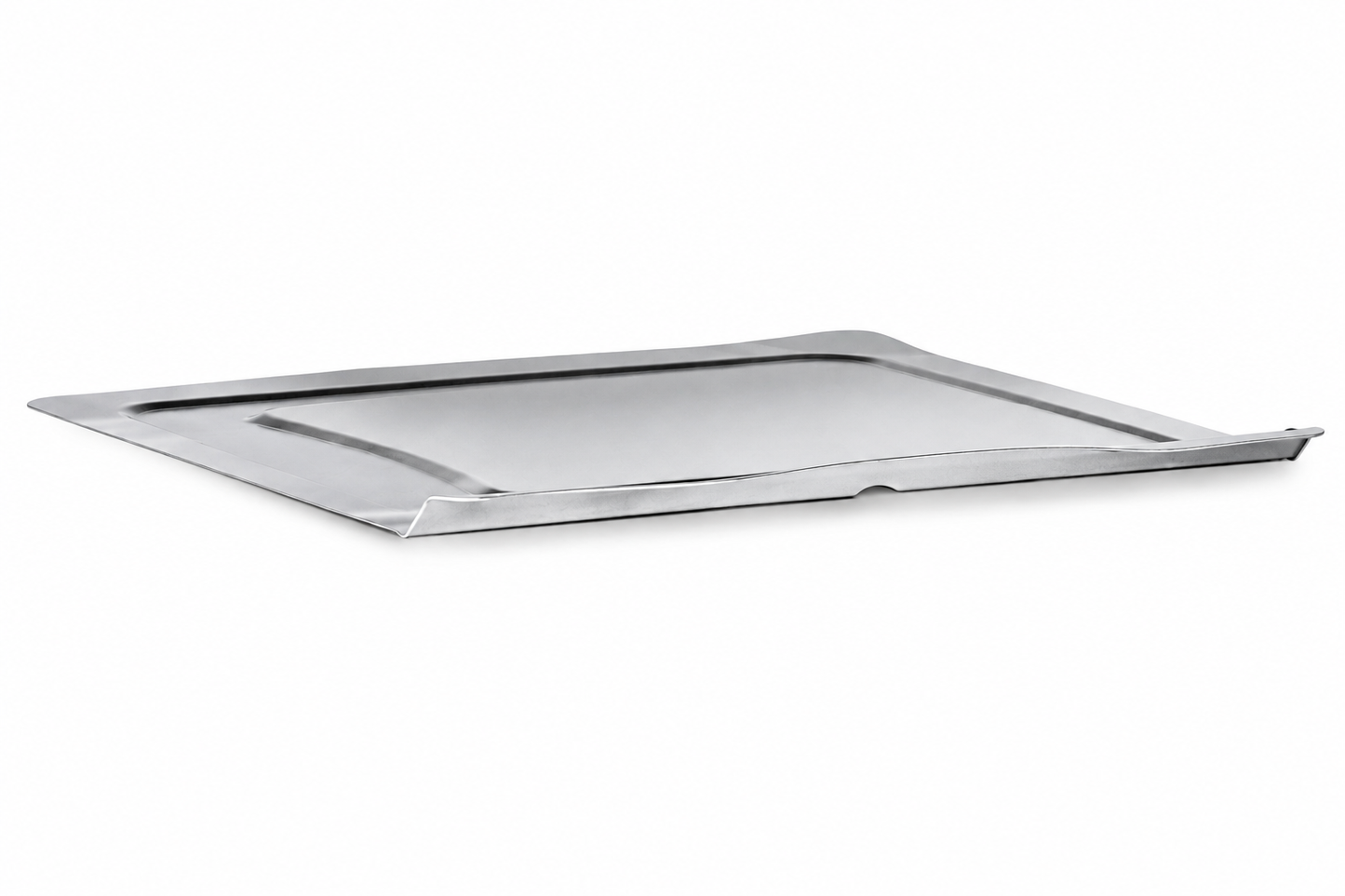 A rectangular Fridja f77 Crumb Tray with raised edges and a slight lip on one side, photographed on a white background—this versatile oven accessory is designed for use as a crumb tray in the f77 Super Oven Pro.