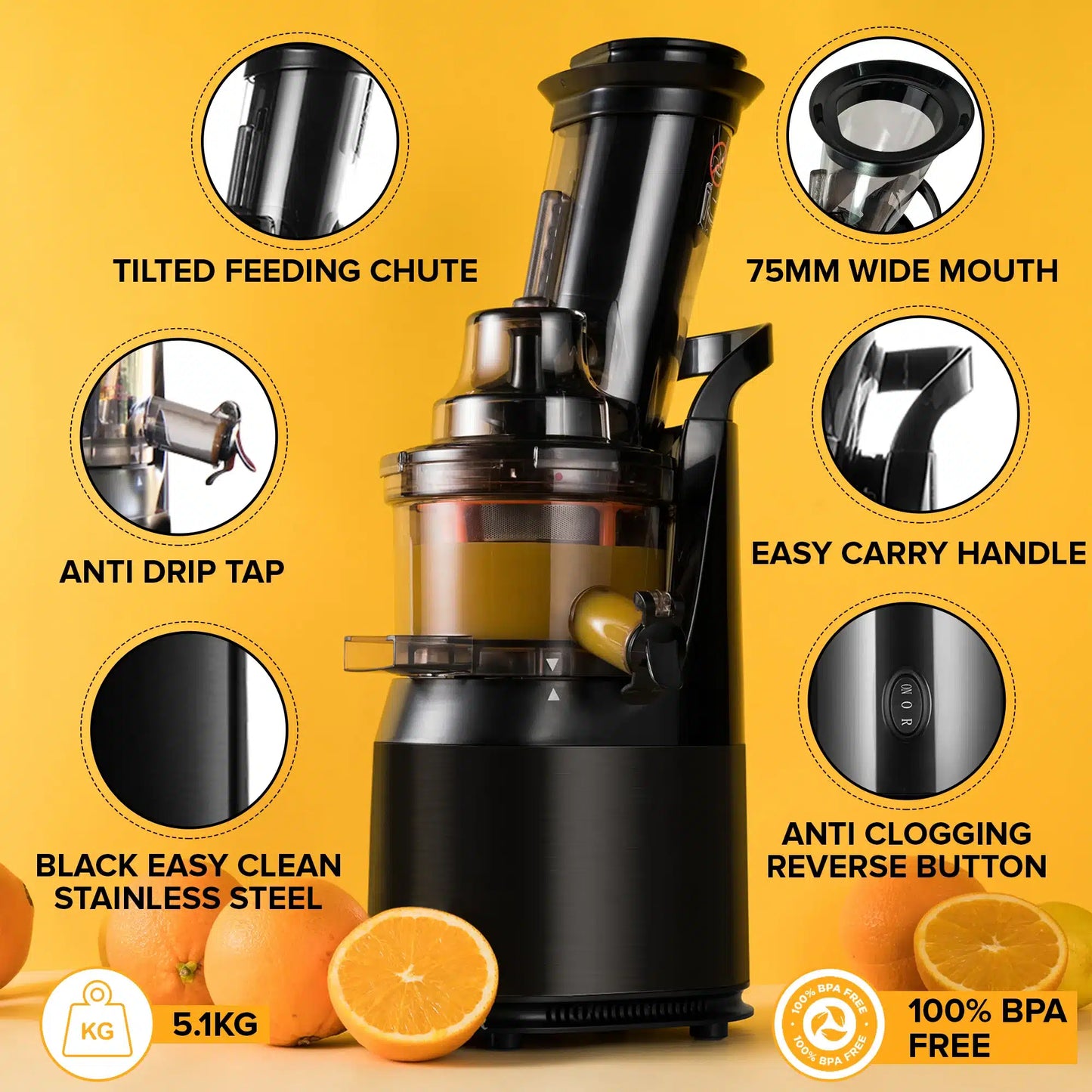 The Fridja f1900 Whole Fruit Juicer in black stands among oranges on a yellow backdrop. Get nutrient-rich juice with its tilted feeding chute, wide mouth, anti-drip tap, and easy-clean stainless steel build.
