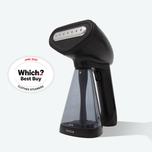 A refurbished Fridja f10 Handheld Clothes Steamer in black stands upright next to a Which? Best Buy Clothes Steamers June 2025 award badge on a light background.