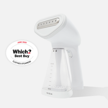 The Fridja f10 Handheld Clothes Steamer - Refurbished, in white with a clear water tank and travel-friendly design, is pictured beside a circular Which? Best Buy Clothes Steamers June 2025 badge on a plain light background.