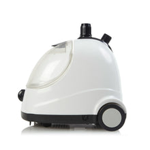 The Fridja f1000 Clothes Steamer - Refurbished Grade B is a white canister-style steamer with black accents, clear water tank, two wheels, and handle, delivering professional results; shown on a white background.