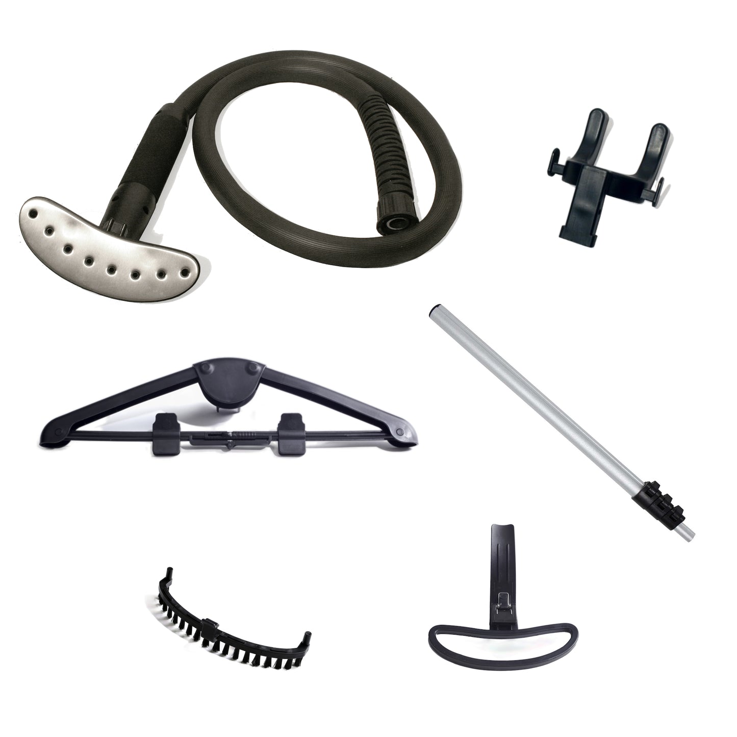 Assorted accessories for the Fridja f1000 Clothes Steamer - Refurbished Grade B, including hose, hanger, steam head, clips, handle, and brush—ideal for refreshing fabrics with your professional steamer.